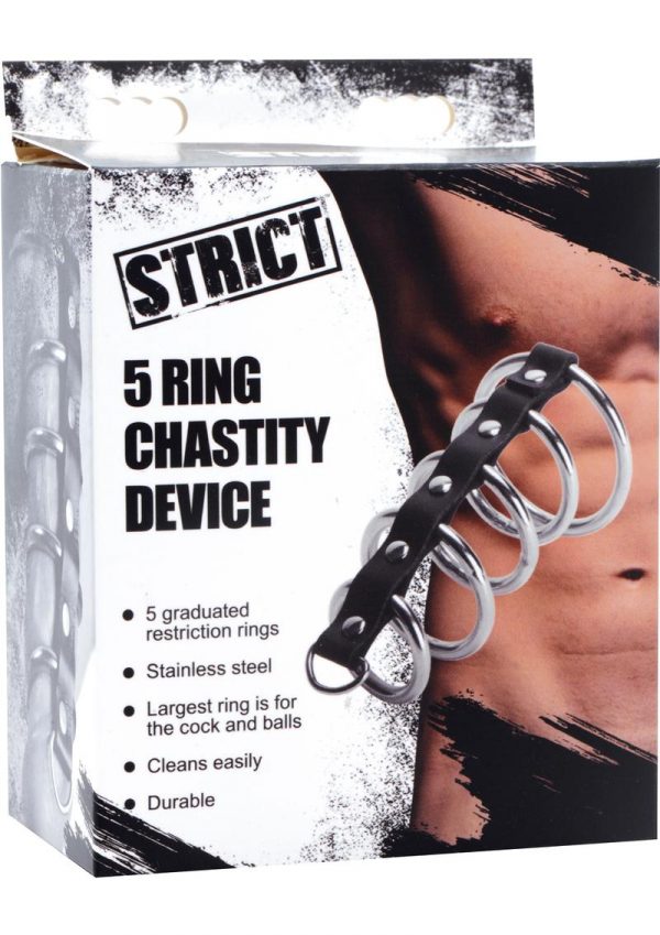 Strict 5 Ring Chastity Device Leather And Metal Black