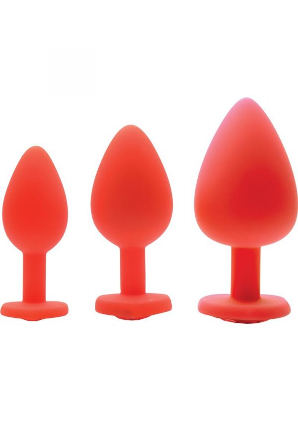 Frisky Red Hearts 3 Piece Silicone Anal Plugs With Gem Accents