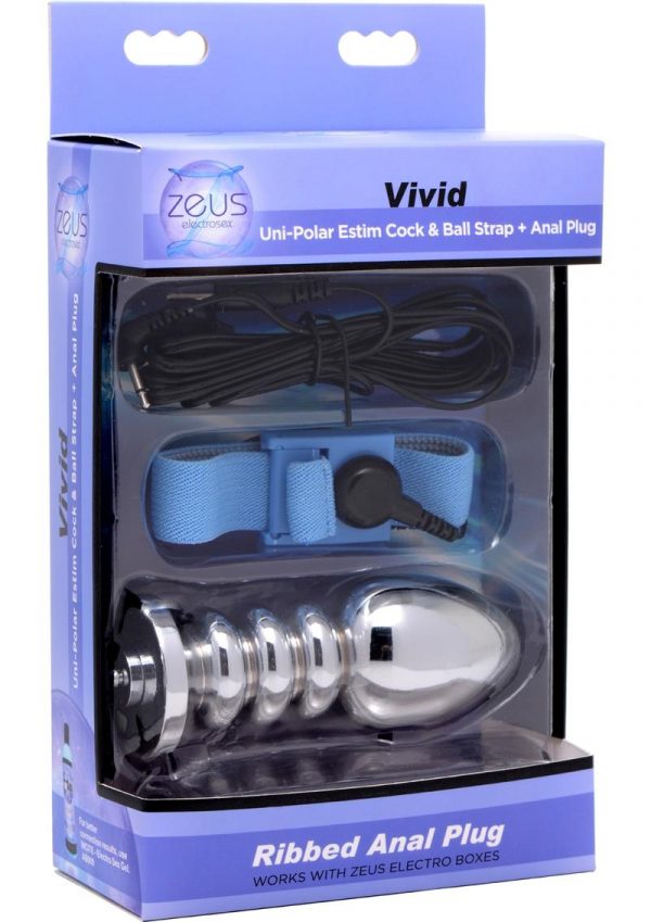 Zeus Electrosex Vivid Uni-Polar Estim Cock and Ball Strap Plus Ribbed Anal Plug Stainless Steel