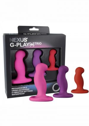 G-Play+ Trio Unisex Massager Kit Silicone Rechargeable Waterproof Red And Purple