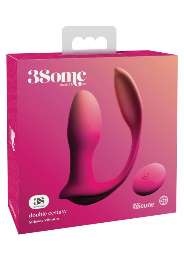 Threesome Double Ecstasy Silicone Vibrator Multi Speed USB Rechargeable Remote Splashproof Pink