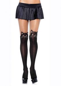 Leg Avenue Black Cat Spandex Opaque Pantyhose with Sheer Thigh Accent - O/S - Black/Nude