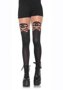 Leg Avenue Spandex Skull and Crossbone Pantyhose with Sheer Thigh Accent - O/S - Black