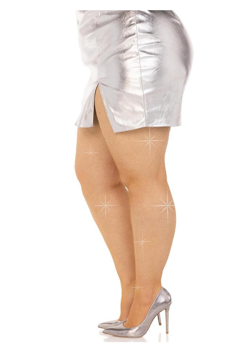 Leg Avenue Fishnet Crystalized Tights with Multi Sized Iridescent Rhinestones - Plus Size - Caramel