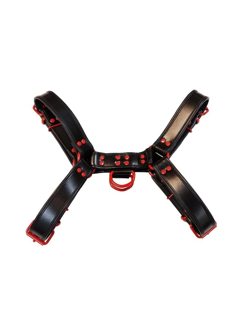 Rouge Leather Over The Head Harness Black with Red Accessories - Large