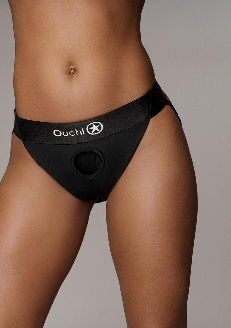 Ouch! Vibrating Strap-On Panty Harness with Open Back Rechargeable - M/L - Black